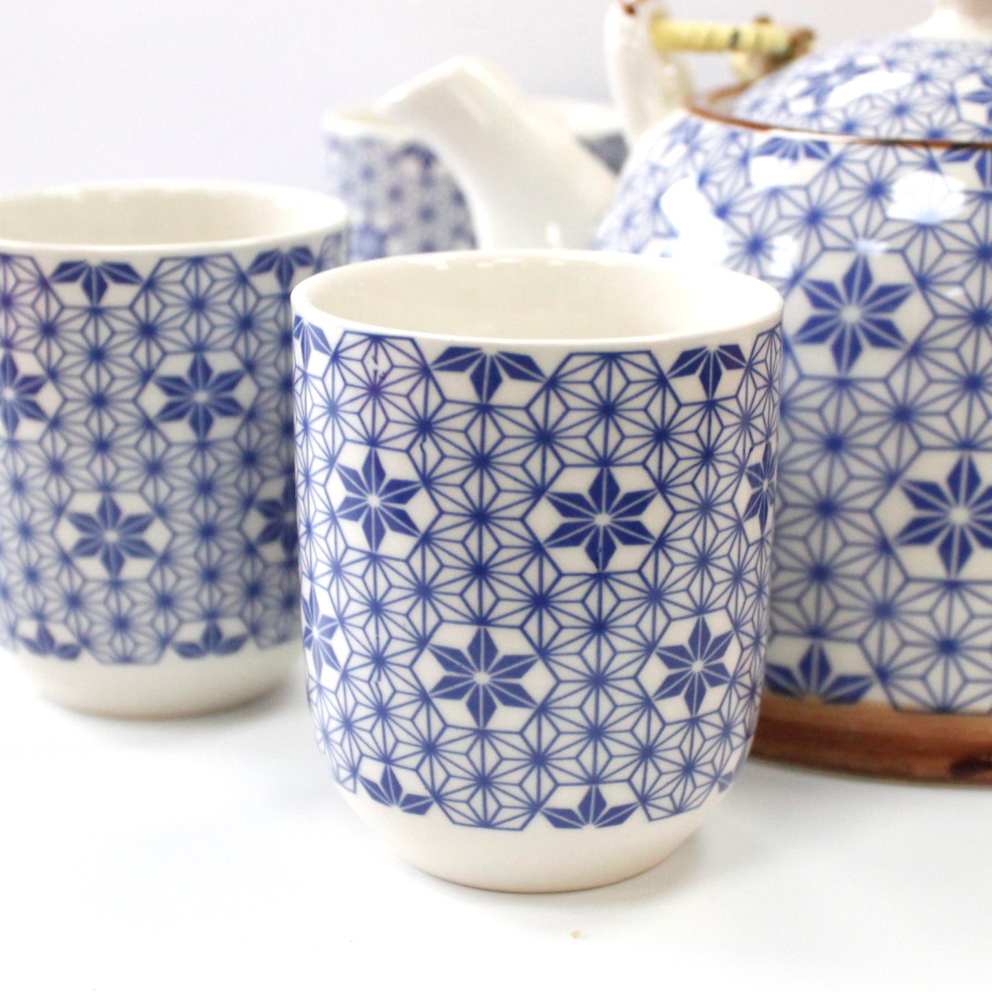 Chinese Herbal Tea Set - Blue Star Pattern - 6 Cups and Infuser - Boxed
