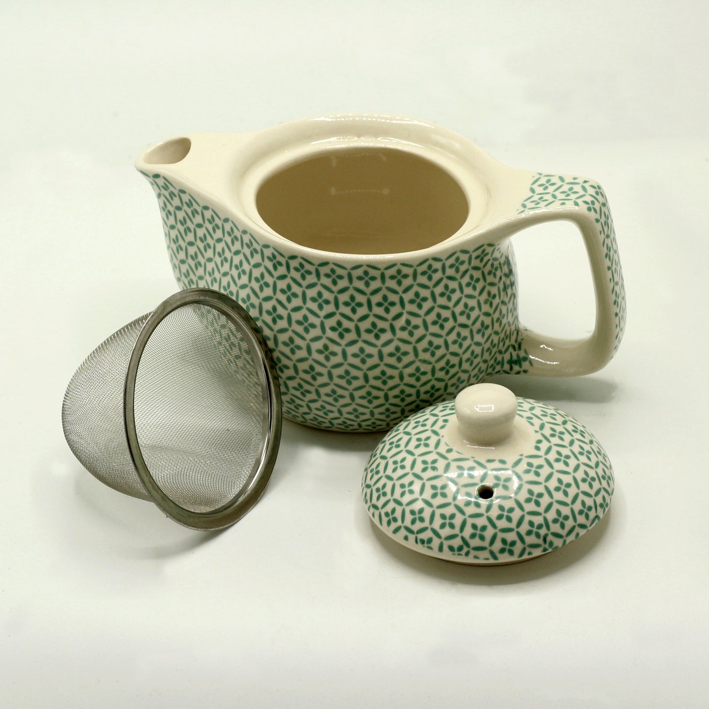 Chinese Ceramic Teapot - Small Size - Metal Infuser - Green Mosaic Pattern - 350ml