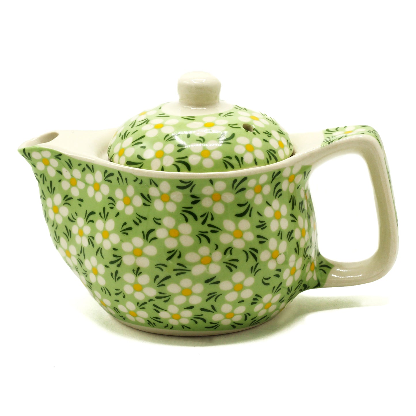 Chinese Ceramic Teapot - Small Size - Metal Infuser - Green Daisy Pattern - 350ml