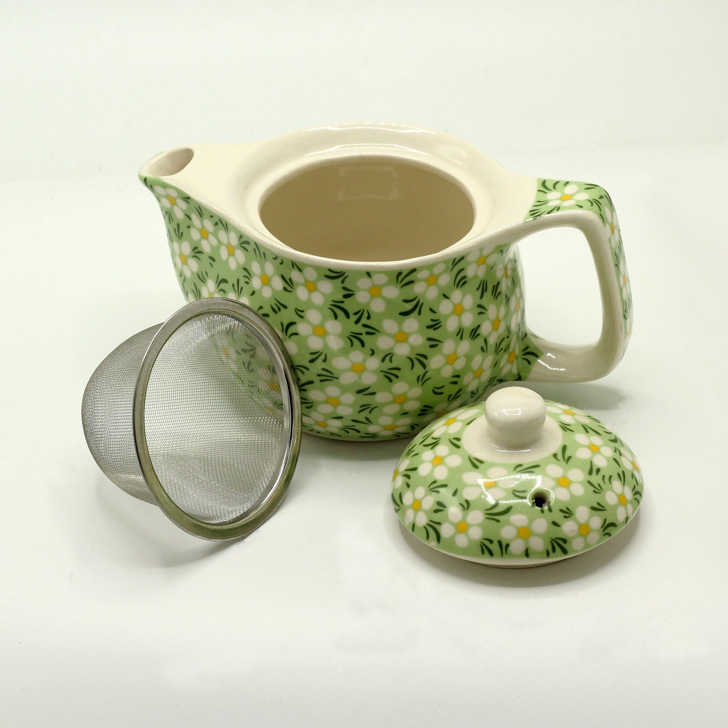 Chinese Ceramic Teapot - Small Size - Metal Infuser - Green Daisy Pattern - 350ml