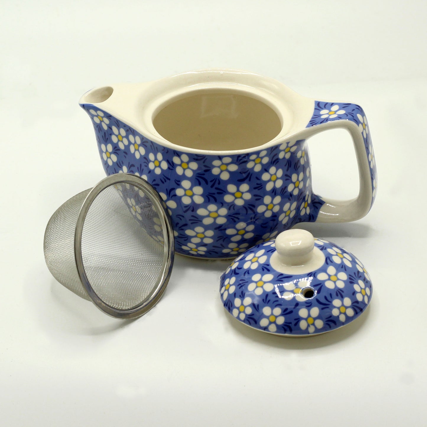Chinese Ceramic Teapot - Small Size - Metal Infuser - Blue Daisy Pattern - 350ml