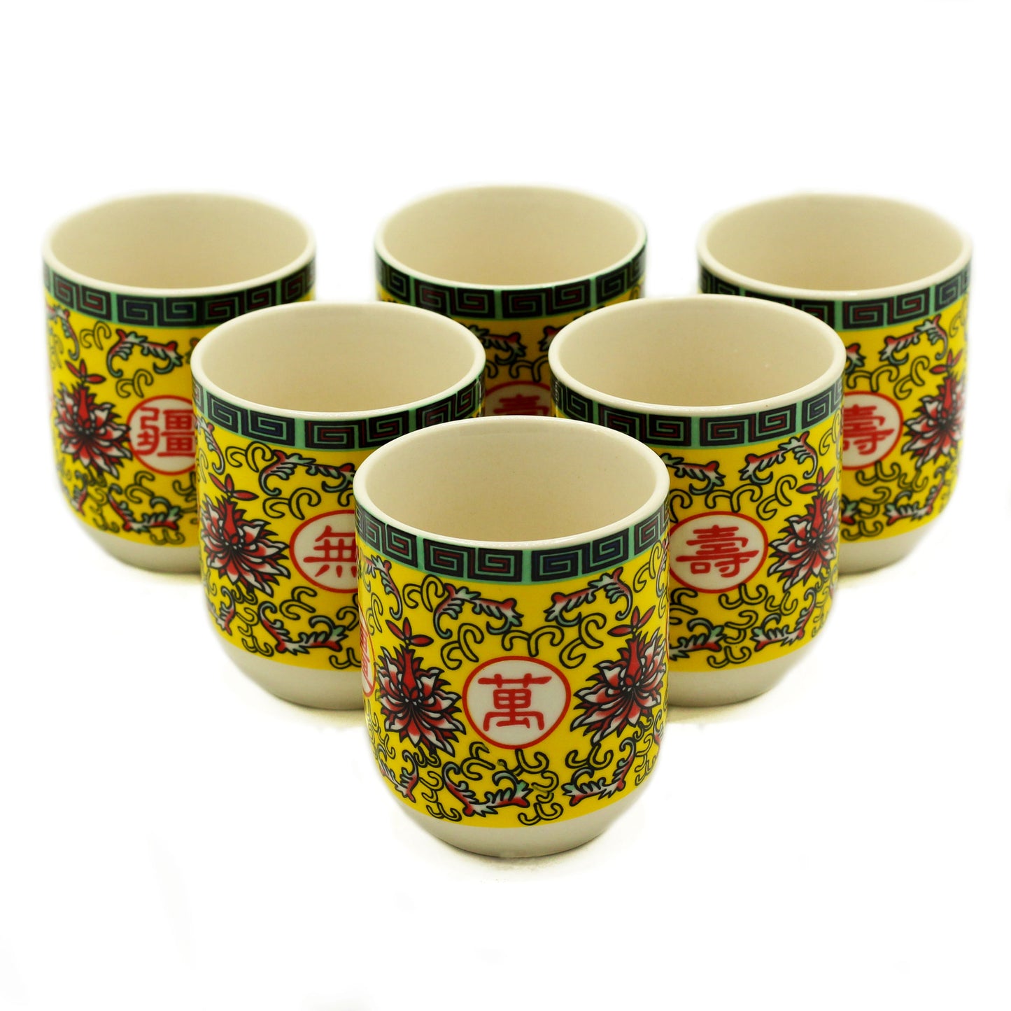 Chinese Ceramic Tea Cups - Set of Six - Long Life Pattern - 8cm Tall - 100ml