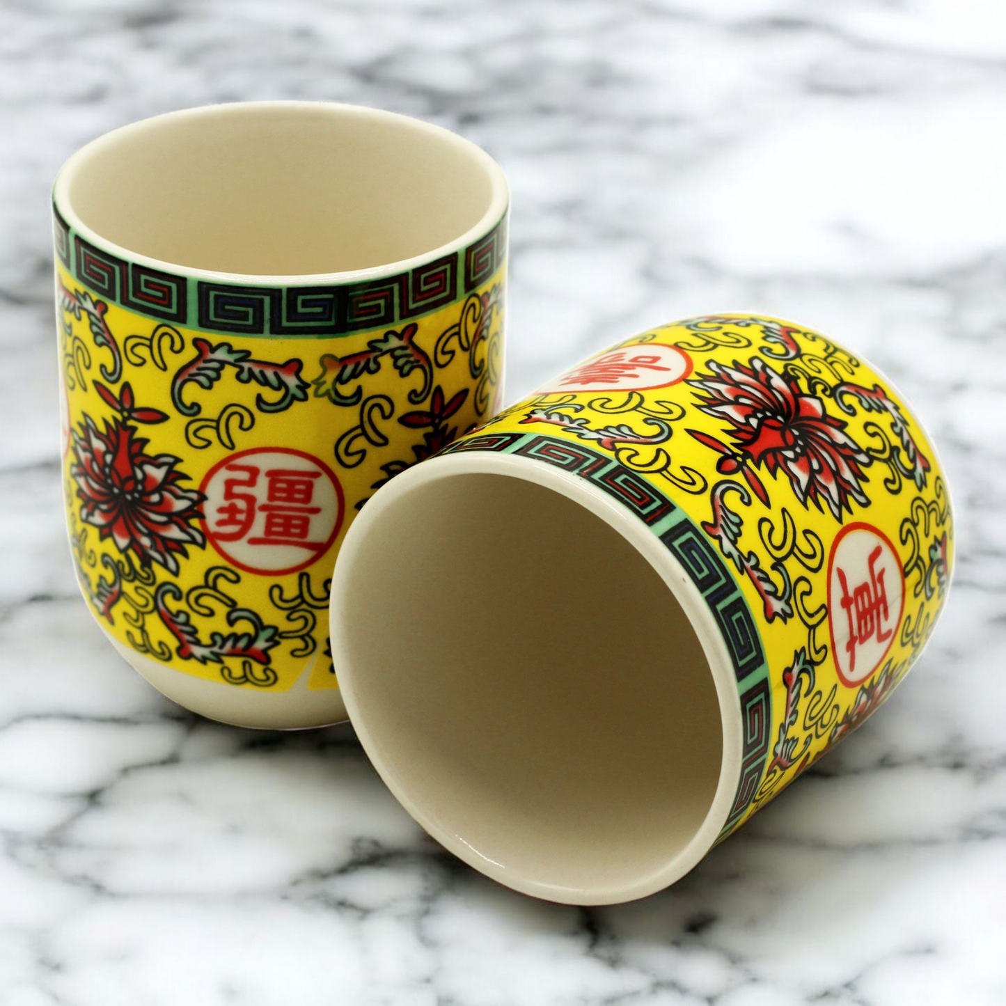 Chinese Ceramic Tea Cups - Set of Six - Long Life Pattern - 8cm Tall - 100ml