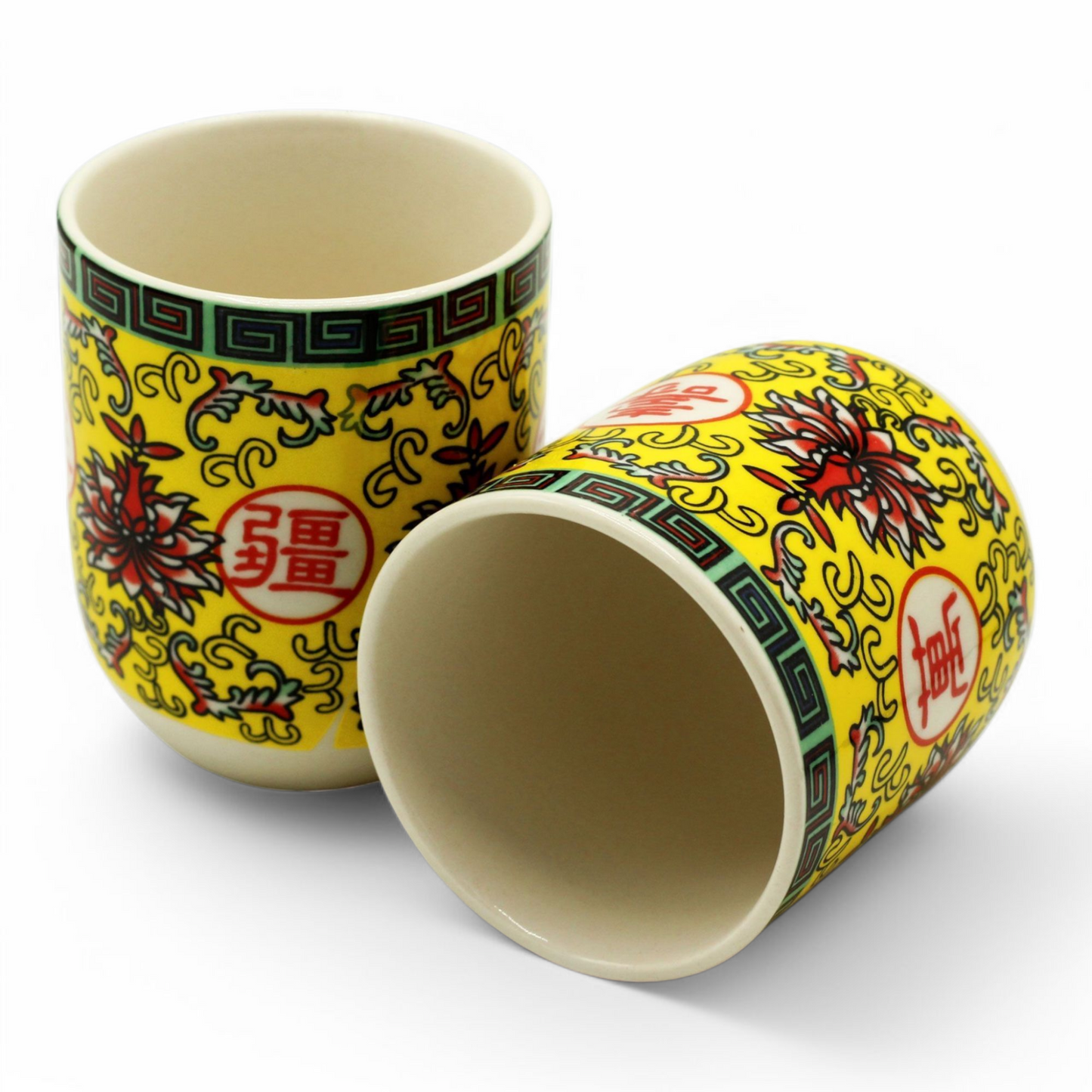 Chinese Ceramic Tea Cups - Set of Six - Long Life Pattern - 8cm Tall - 100ml