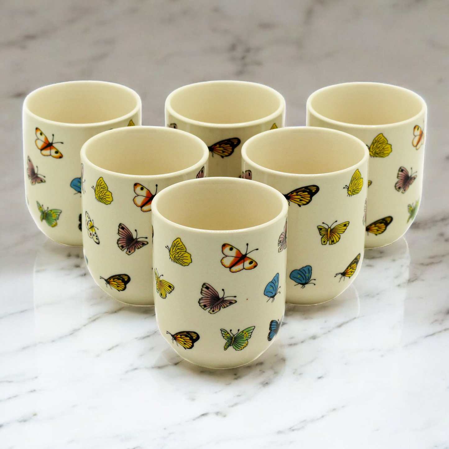 Chinese Ceramic Tea Cups - Set of Six - Butterflies Pattern - 8cm Tall - 100ml