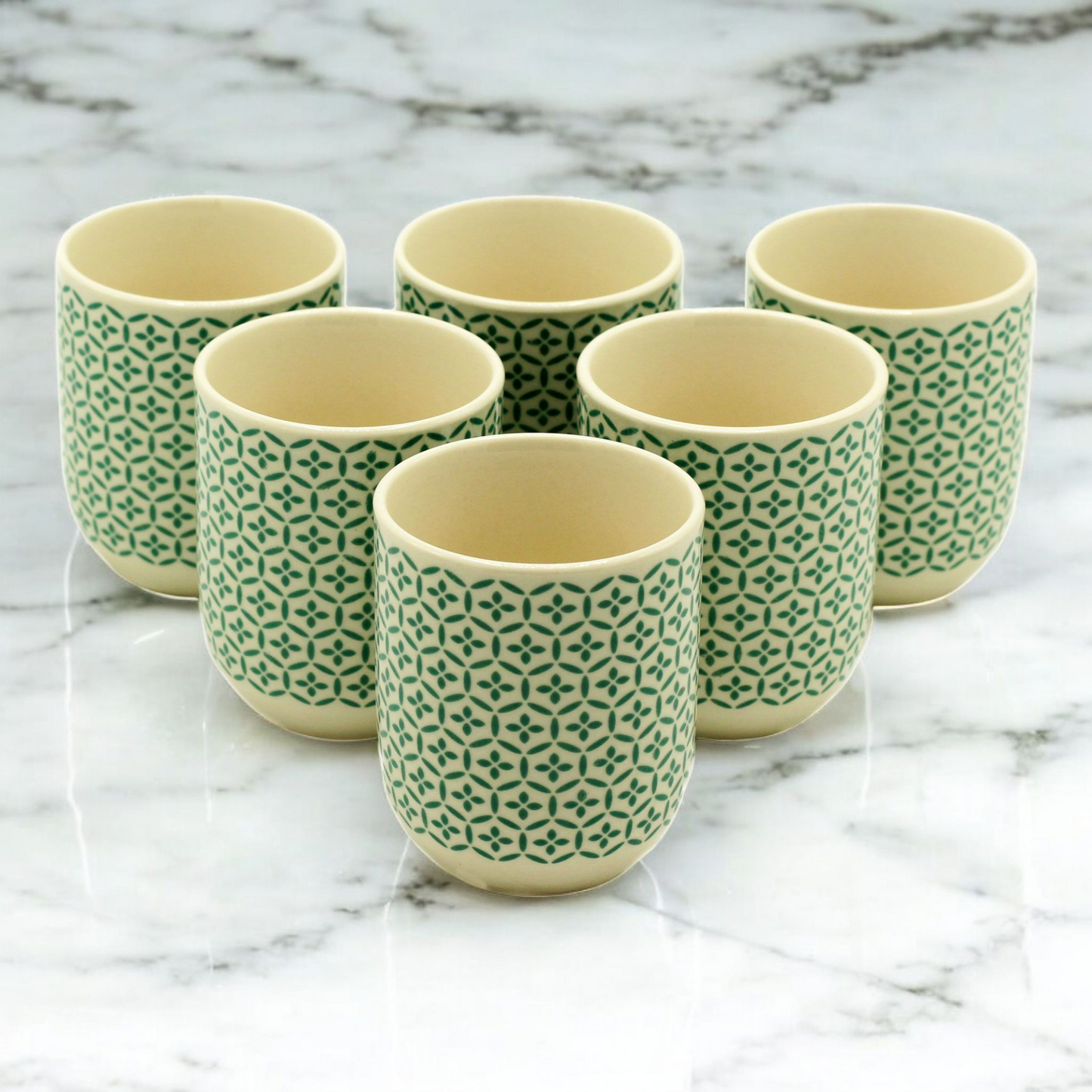 Chinese Ceramic Tea Cups - Set of Six - Green Mosaic Pattern - 8cm Tall - 100ml