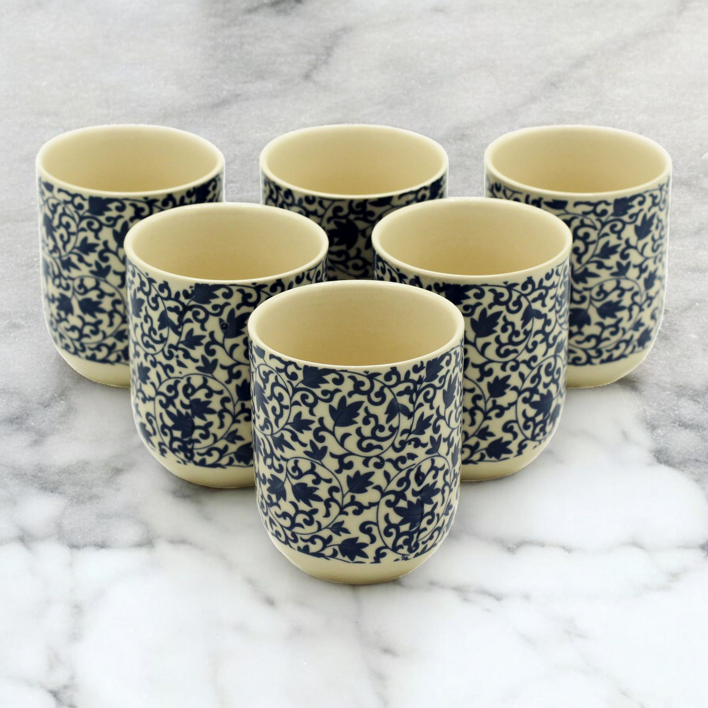 Chinese Ceramic Tea Cups - Set of Six - Blue Floral Pattern - 8cm Tall - 100ml