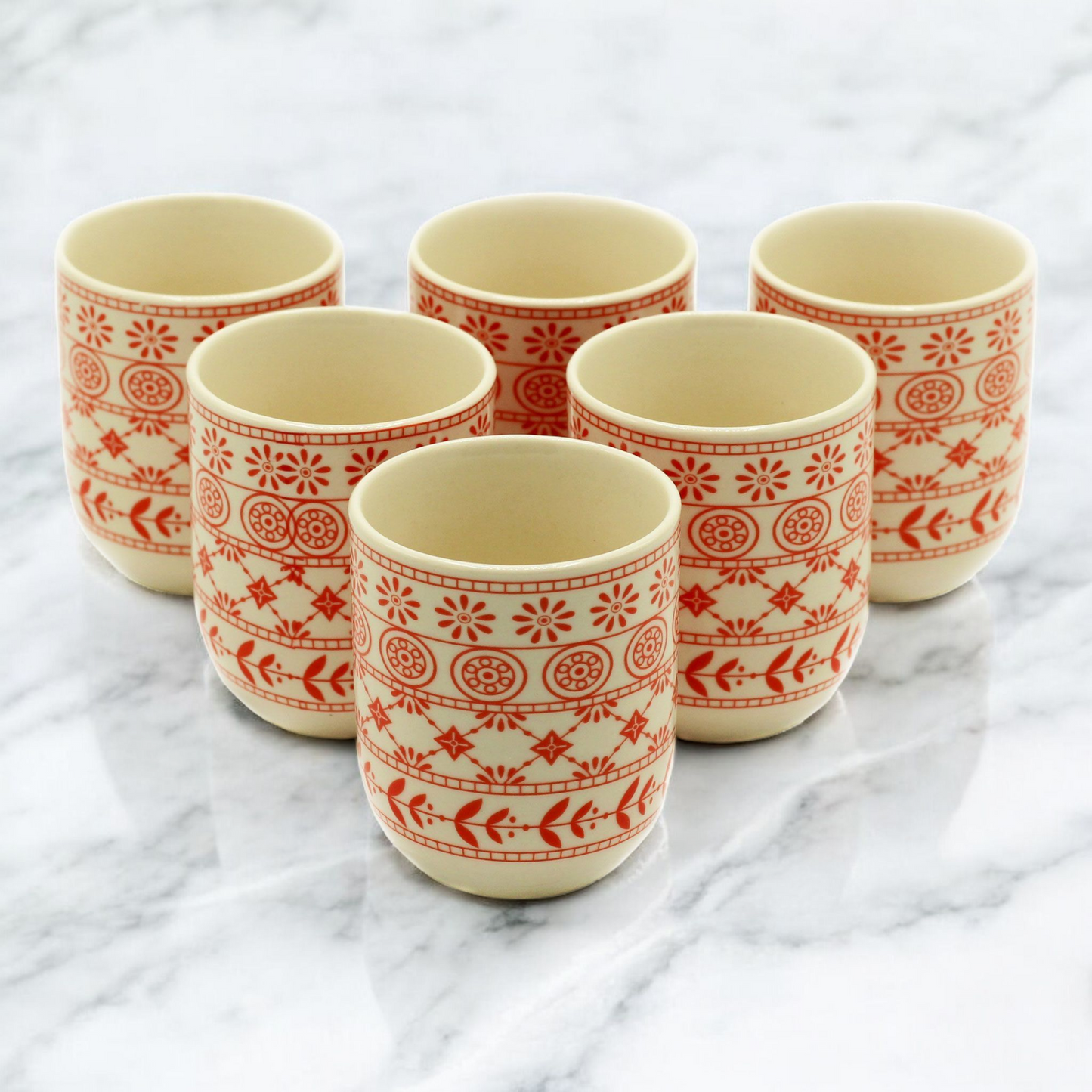 Chinese Ceramic Tea Cups - Set of Six - Amber Pattern - 8cm Tall - 100ml