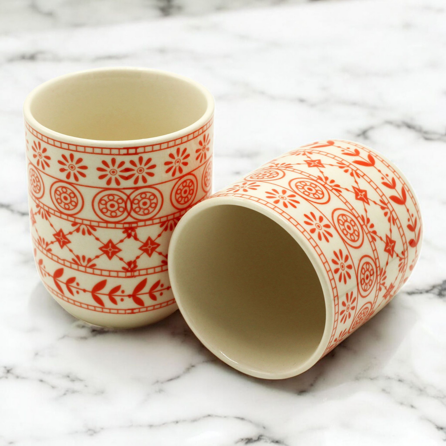 Chinese Ceramic Tea Cups - Set of Six - Amber Pattern - 8cm Tall - 100ml