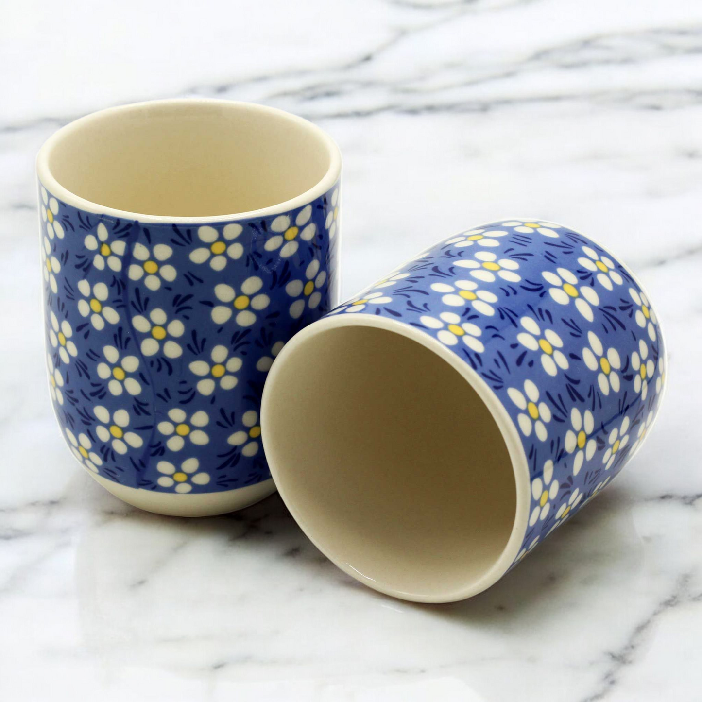 Chinese Ceramic Tea Cups - Set of Six - Blue Daisy Pattern - 8cm Tall - 100ml
