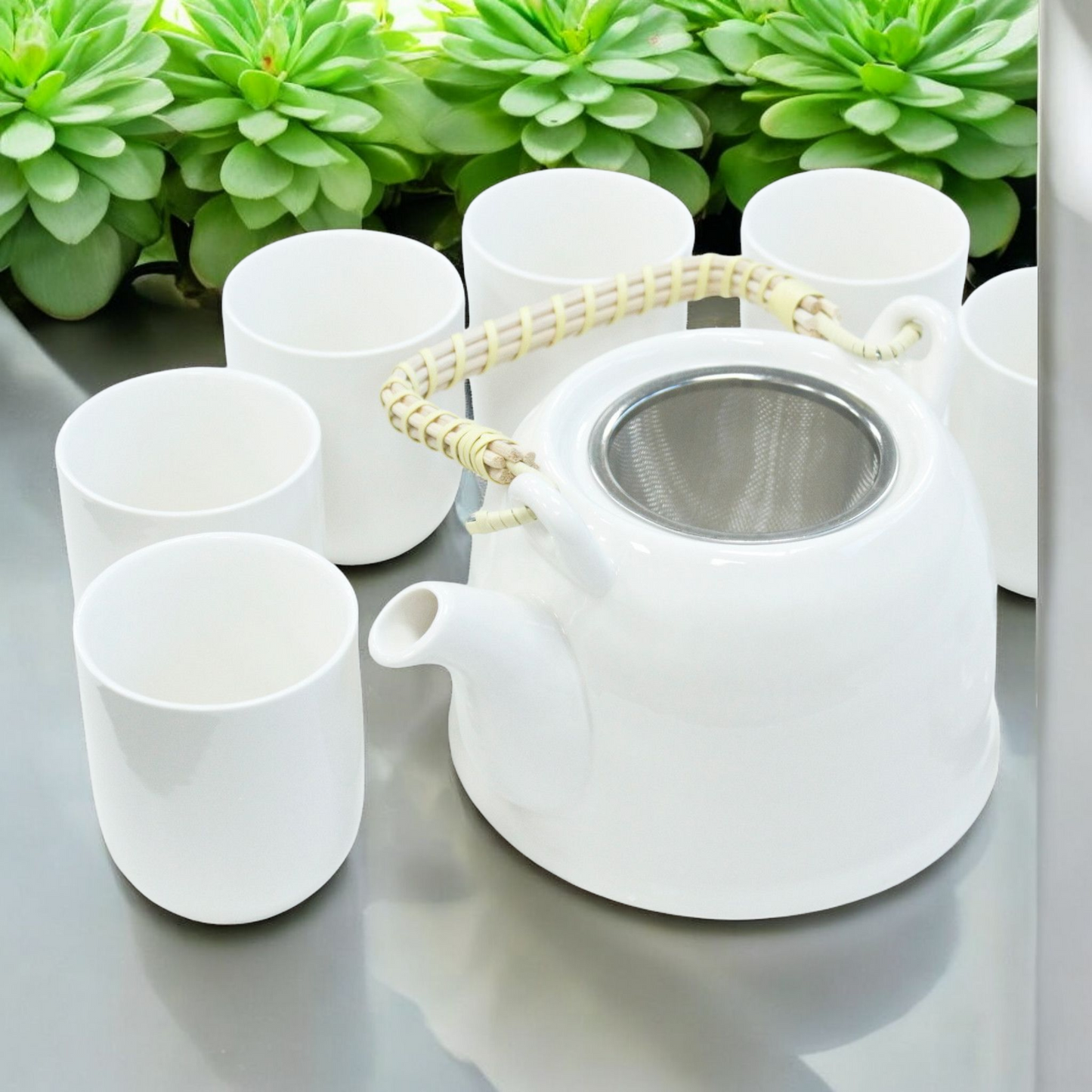 Chinese Herbal Tea Set - Classic White - 6 Cups and Infuser - Boxed