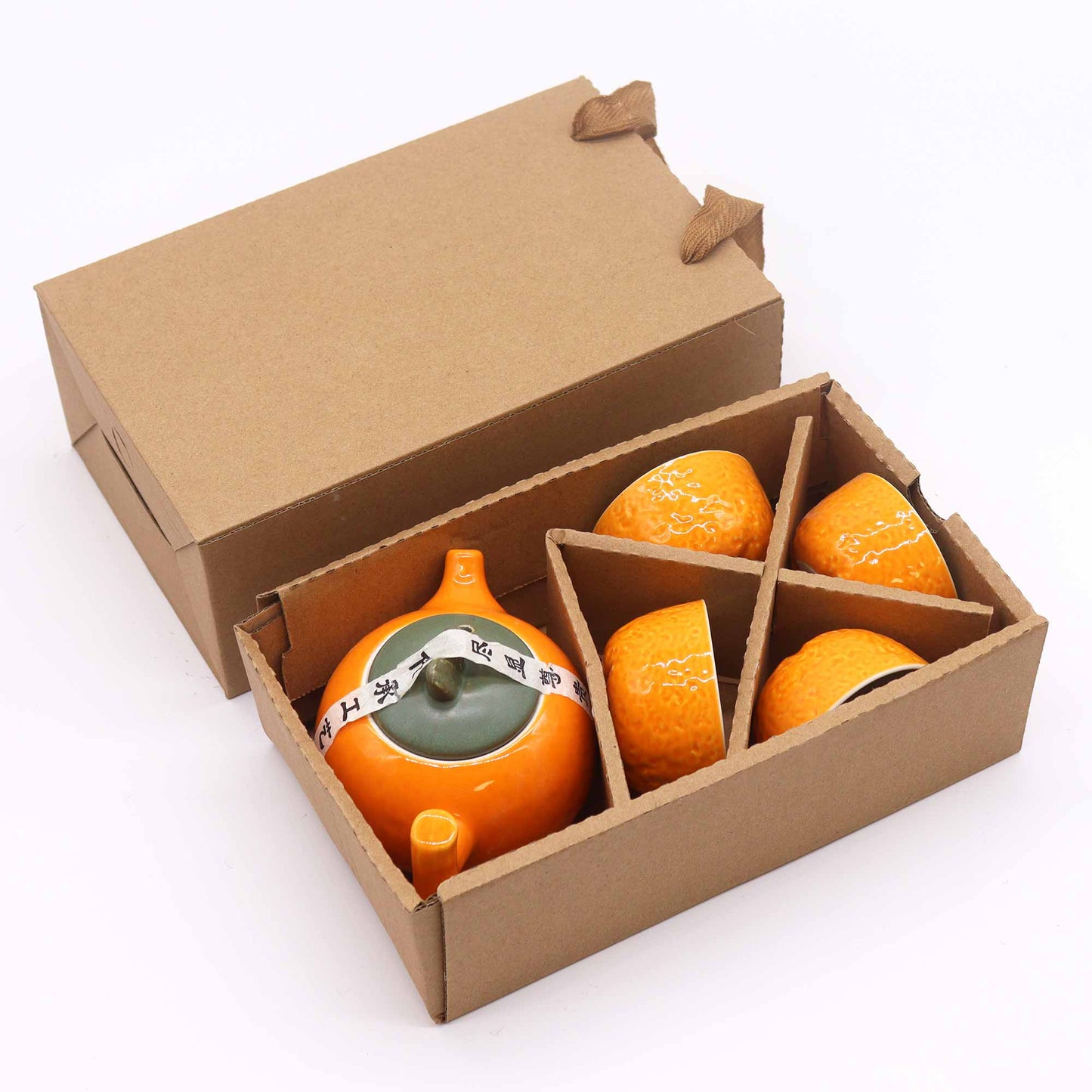 Chinese Orange Tea Set - Tea Pot & Four Cups - Gift Box - Small Size - 200ml