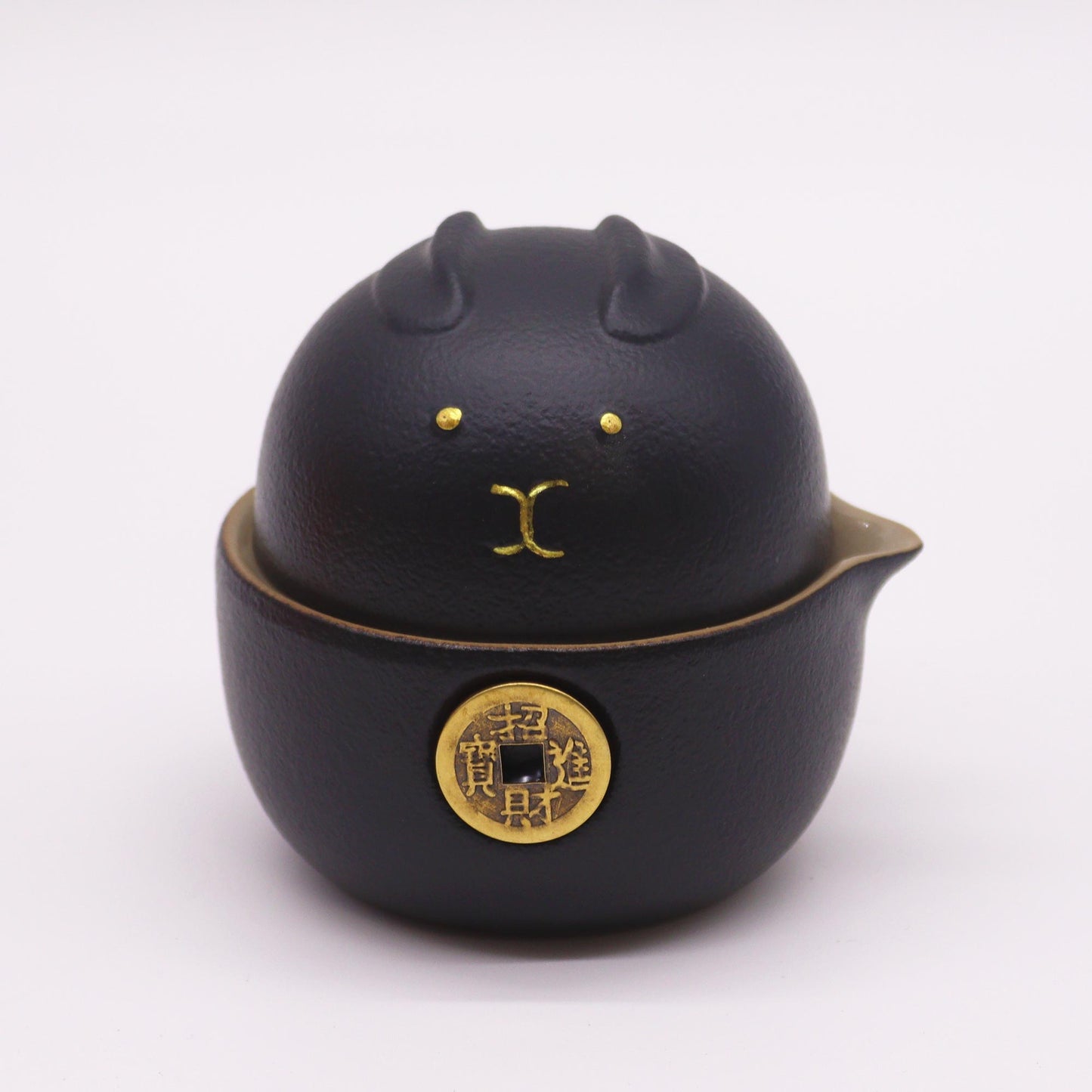 Chinese Money Cat Teapot Set - Two Cups - Travel Pack - Black