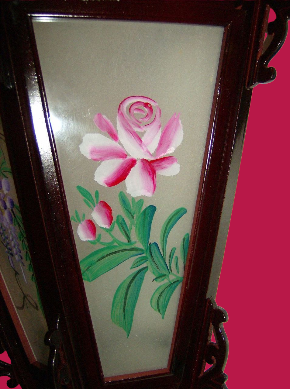Chinese Palace Wooden Wall Lantern - Painted Flowers on Glass Panels