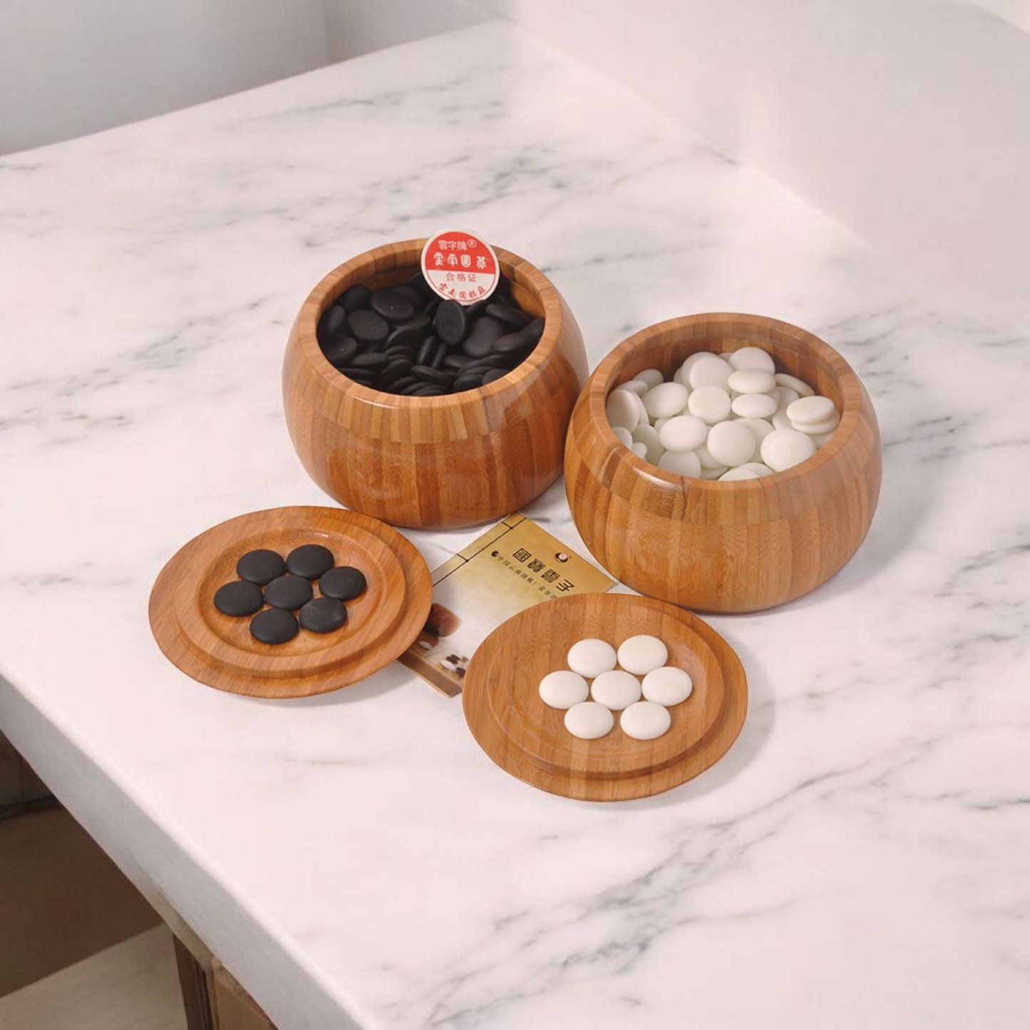 Chinese Go Game Set - Wei Qi Stones - Bamboo Bowls - Folding Bamboo Board