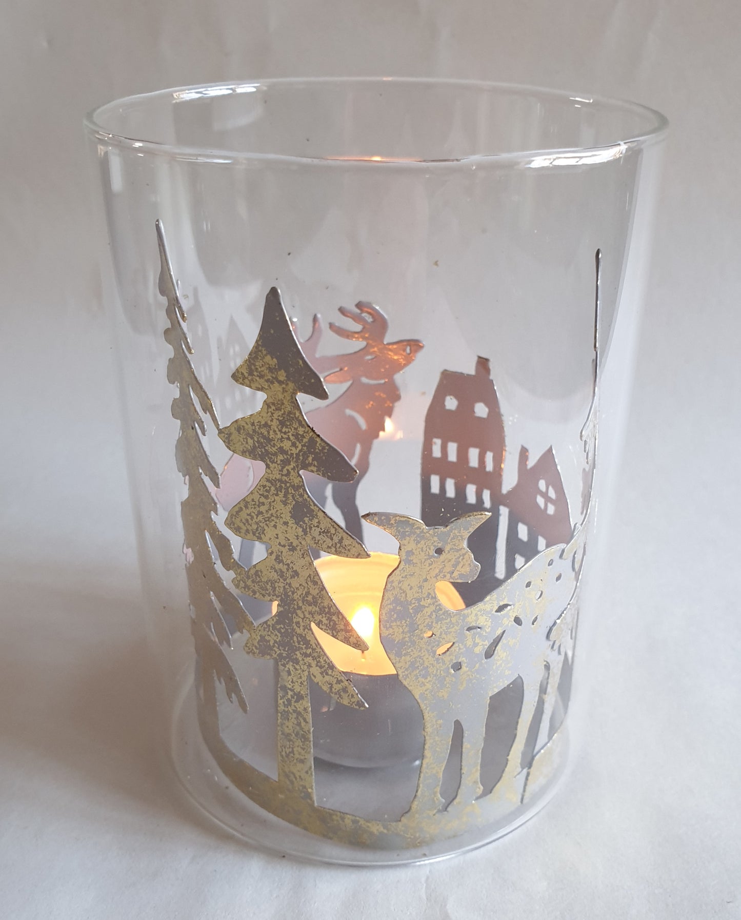 Glass Candle Holder with Forest Design and Reindeer Pattern - 12cm x 9cm