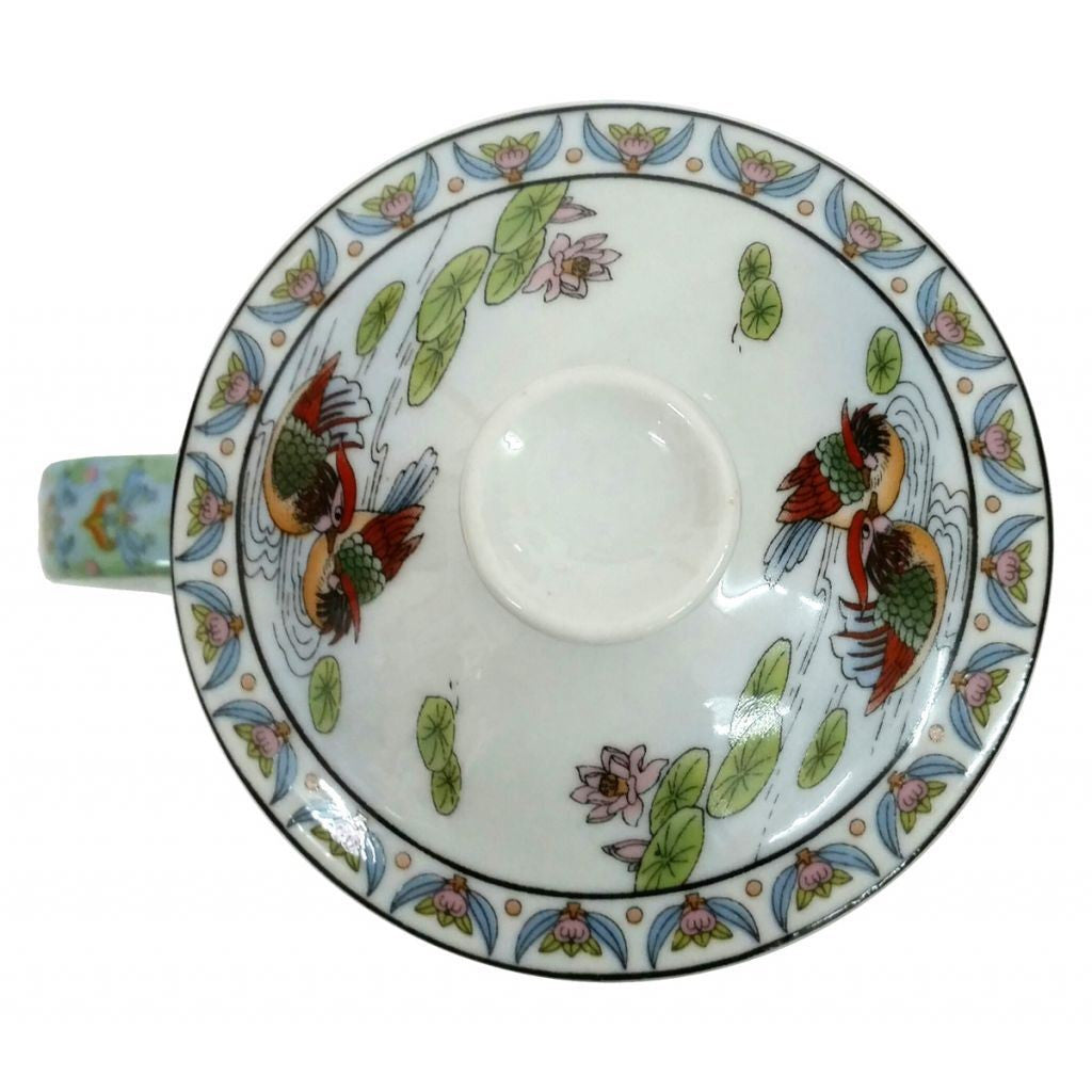 Porcelain Chinese Tea Mug with Infuser and Lid - Ladies in Garden Pattern