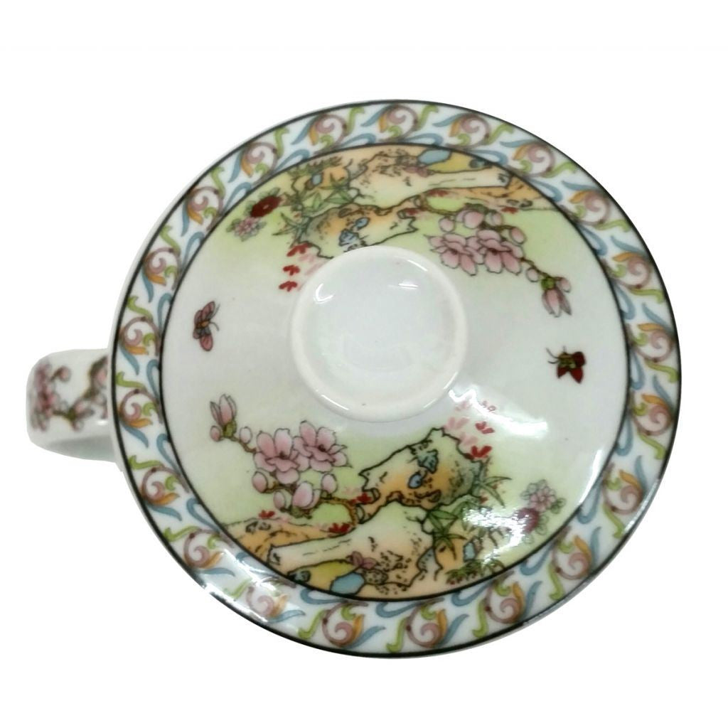 Porcelain Chinese Tea Mug with Infuser and Lid - Ladies + Cranes Pattern