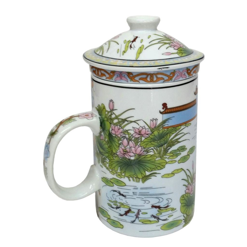 Porcelain Chinese Tea Mug with Infuser and Lid - Bao Yu Pattern.