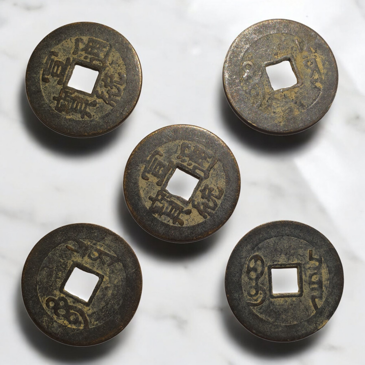 Chinese Lucky Coins - Set of 5 Coins - Antique Brass -2.5cm - Feng Shui