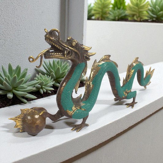 Vintage Style Brass Dragon with Ball - Large Size 45cm - Feng Shui