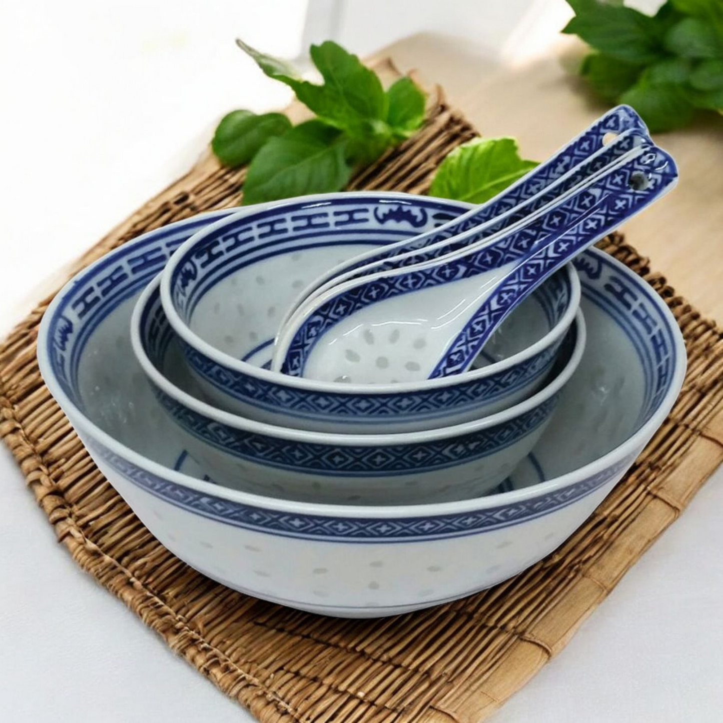 Chinese Blue and White Bowls - Rice Pattern - Blue Flower - Set of 2 - 18cm