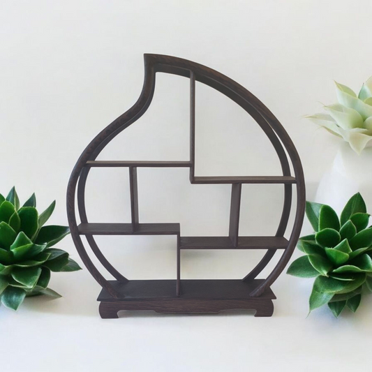 Wooden Curio or Netsuke Display Stand - Dark Grained Wood - Flame Shape - 31cm