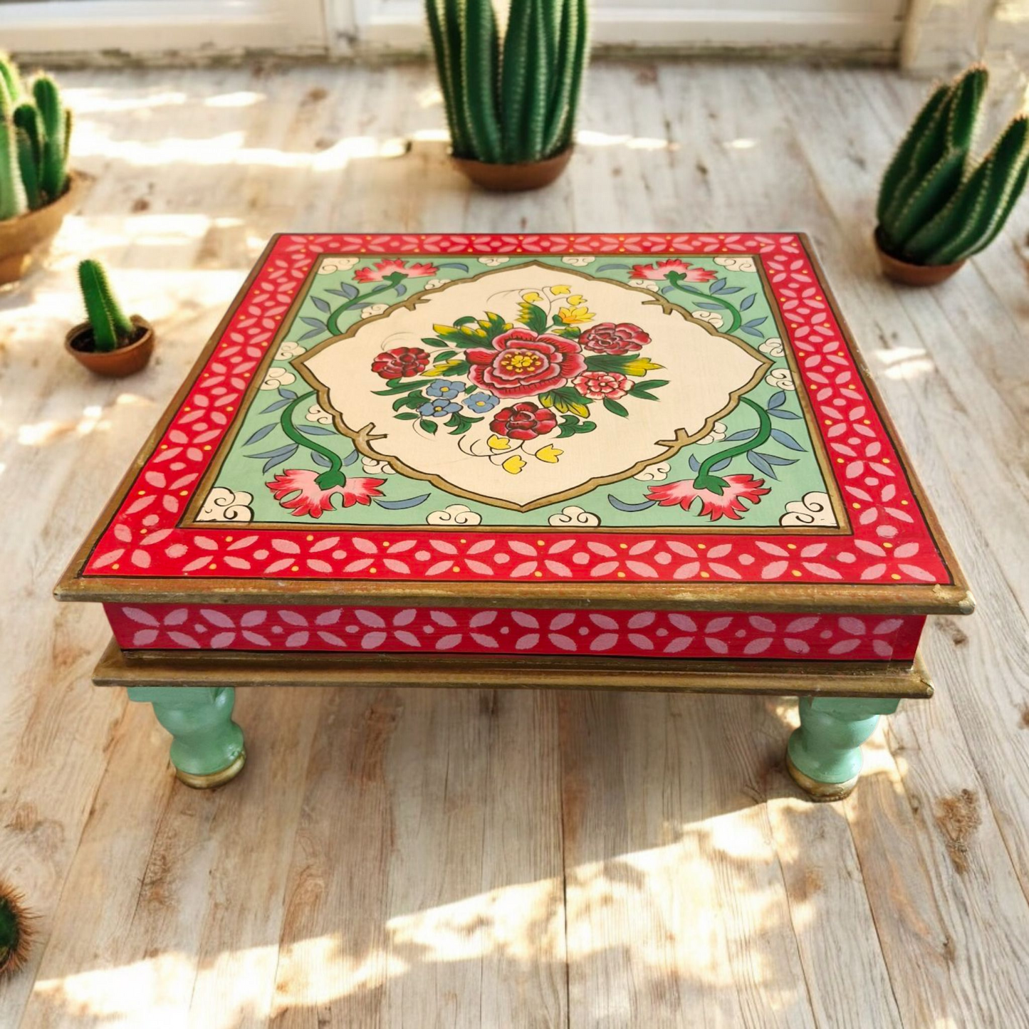 Rikisha Hand Painted Indian Bajot Table - 41cm x 41cm x 16.5cm