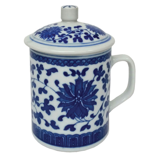 Chinese Porcelain Mug with Lid - Blue and White - Floral Pattern