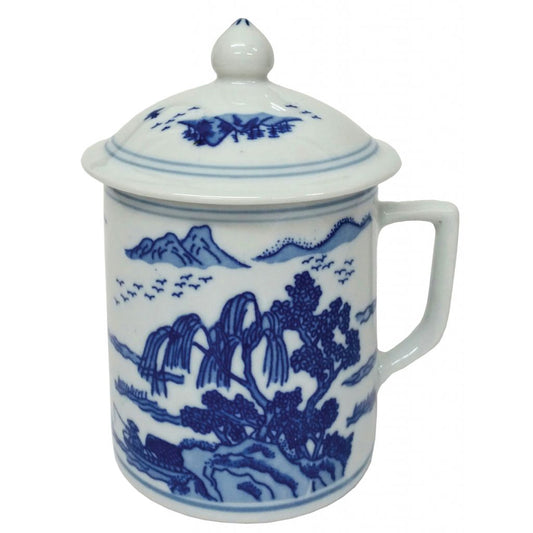 Chinese Porcelain Mug with Lid - Blue and White - Landscape Pattern