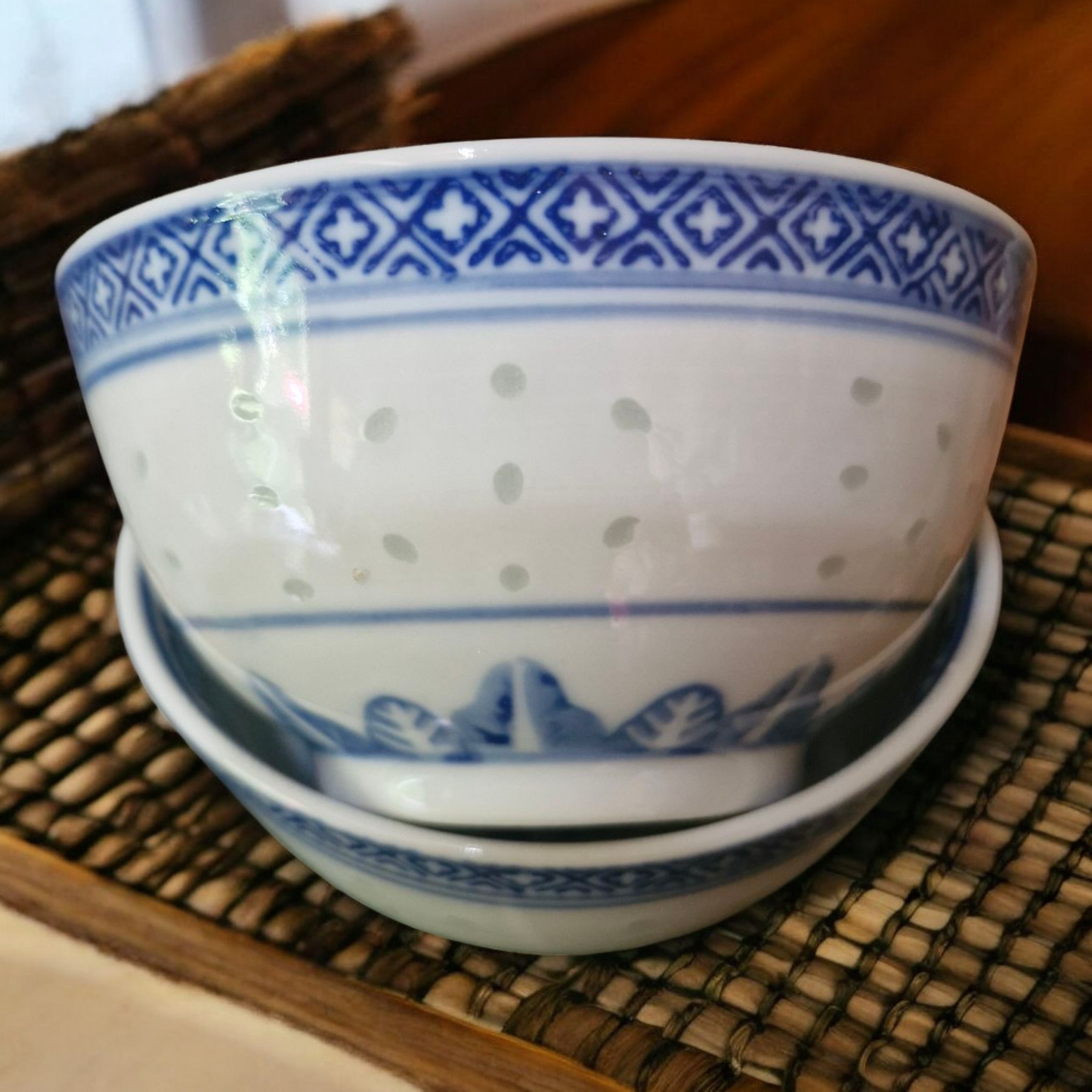 Chinese Blue and White Bowls - Rice Pattern - Blue Dragon - Set of 6 - 11.5cm