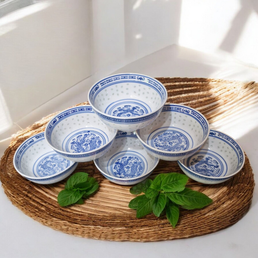 Chinese Blue and White Bowls - Rice Pattern - Set of 6 - 13cm
