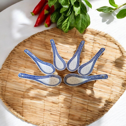 Chinese Blue and White - Rice Pattern Ceramic Spoons - Set of 6