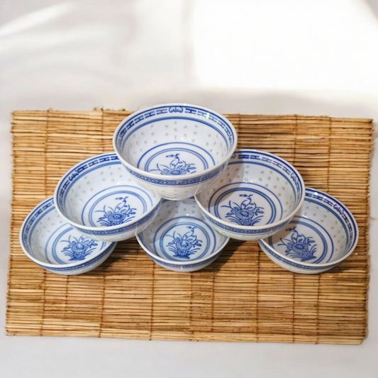 Chinese Blue and White Bowls - Rice Pattern - Blue Flower - Set of 6 - 11.5cm