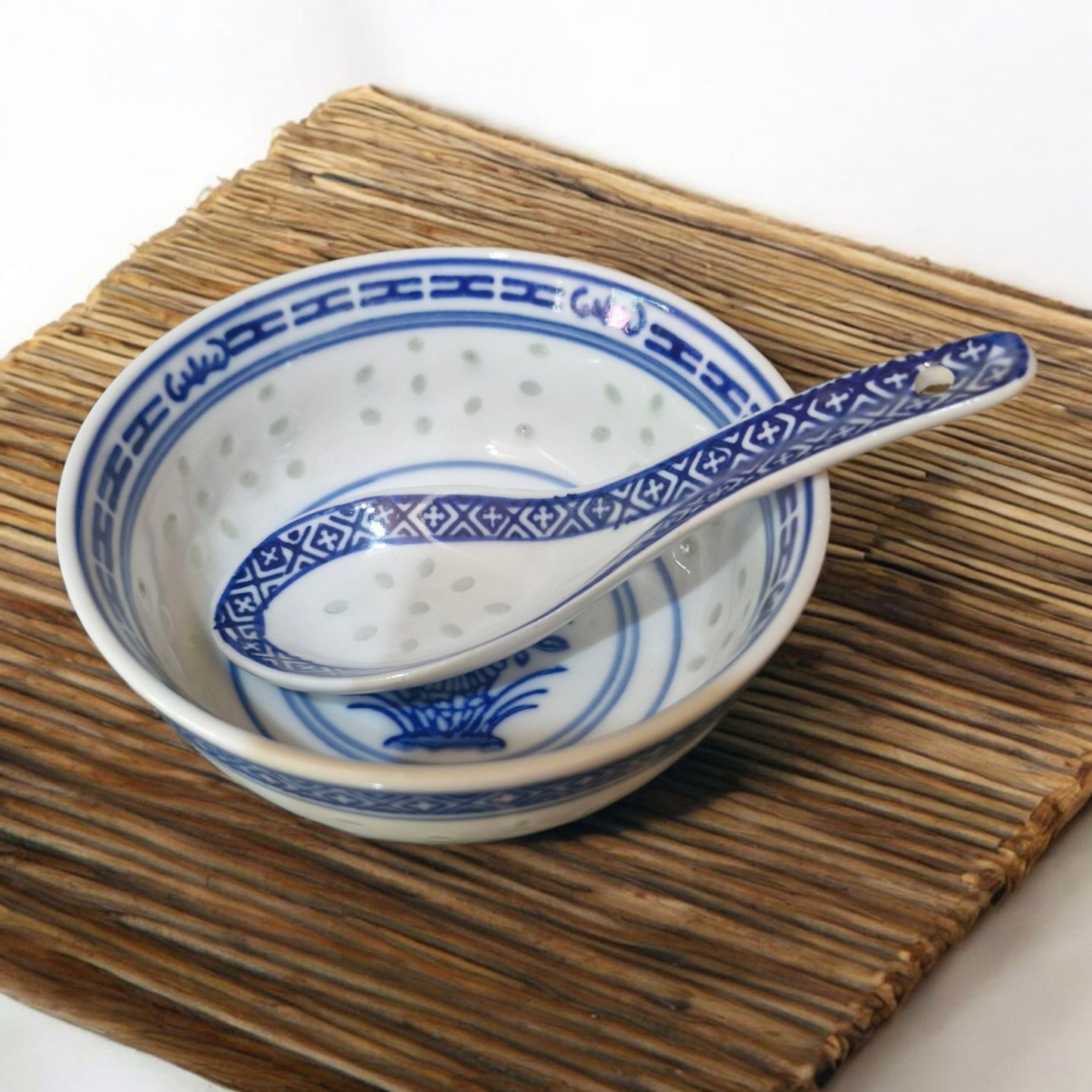 Chinese Blue and White Bowls - Rice Pattern - Blue Flower - Set of 6 - 11.5cm