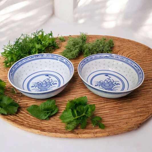Chinese Blue and White Bowls - Rice Pattern - Blue Flower - Set of 2 - 18cm