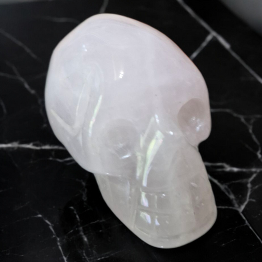 Gemstone Skull - Rose Quartz - Hand Carved - Velvet Gift Pouch
