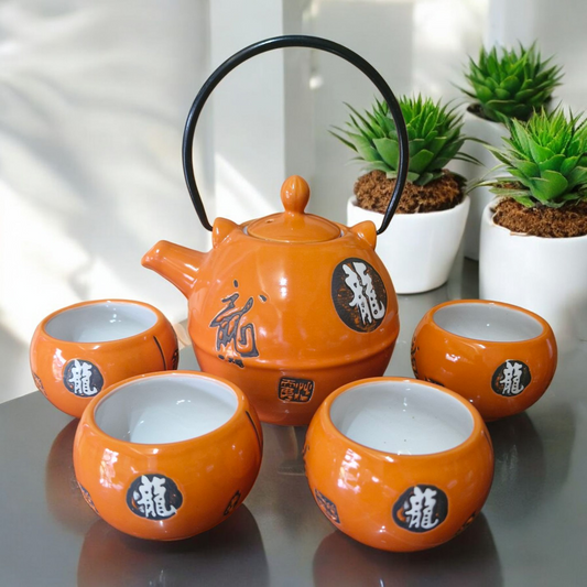 Chinese Tea Set - Gloss Orange Ceramic - Round - Characters Pattern