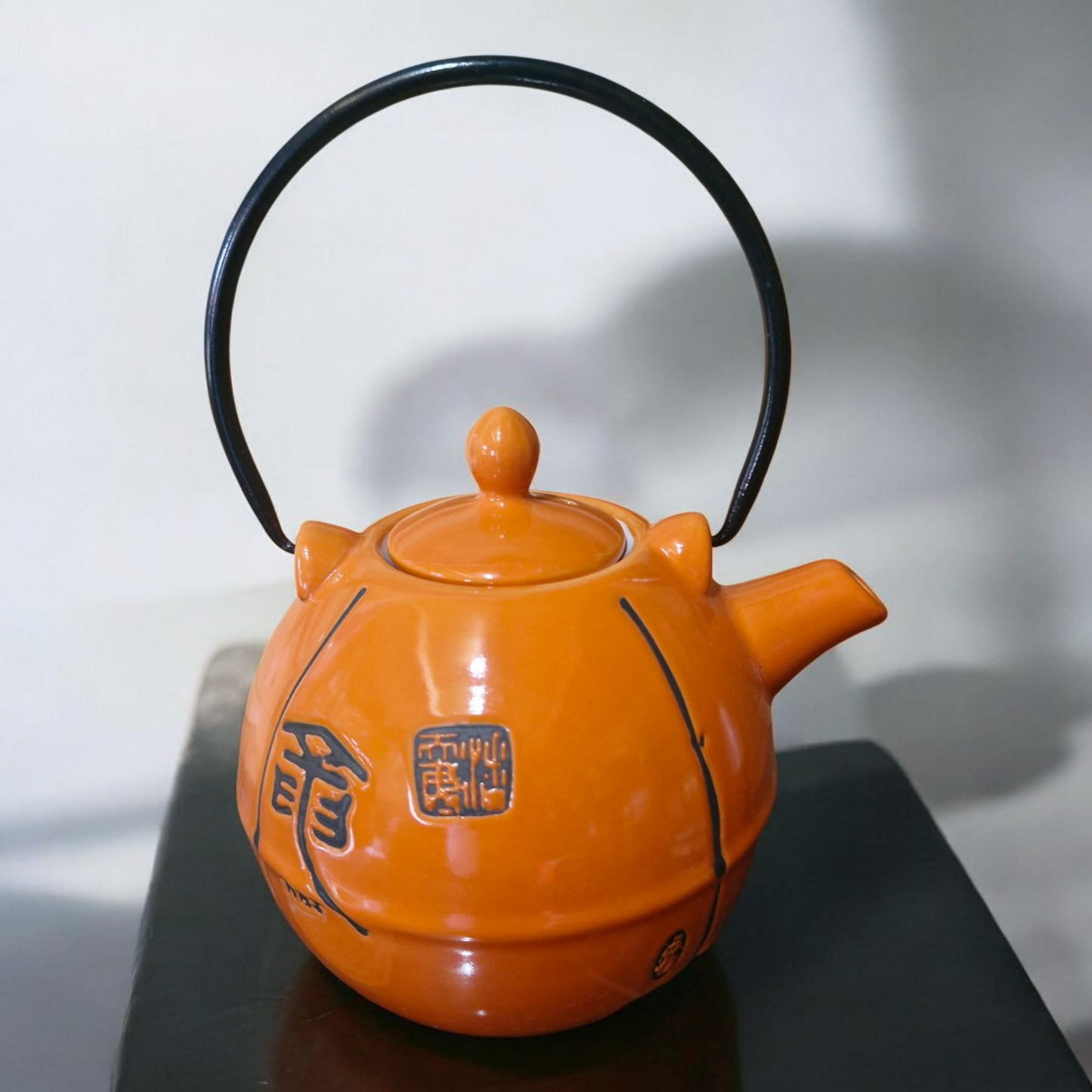 Chinese Tea Set - Gloss Orange Ceramic - Round - Characters Pattern