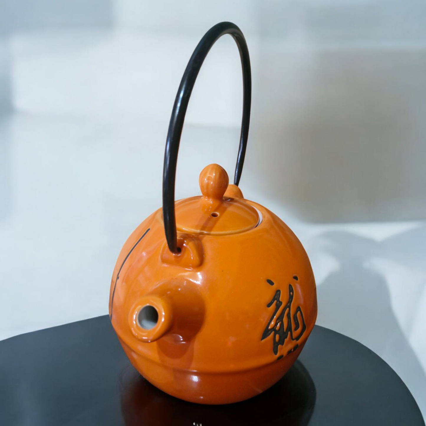 Chinese Tea Set - Gloss Orange Ceramic - Round - Characters Pattern