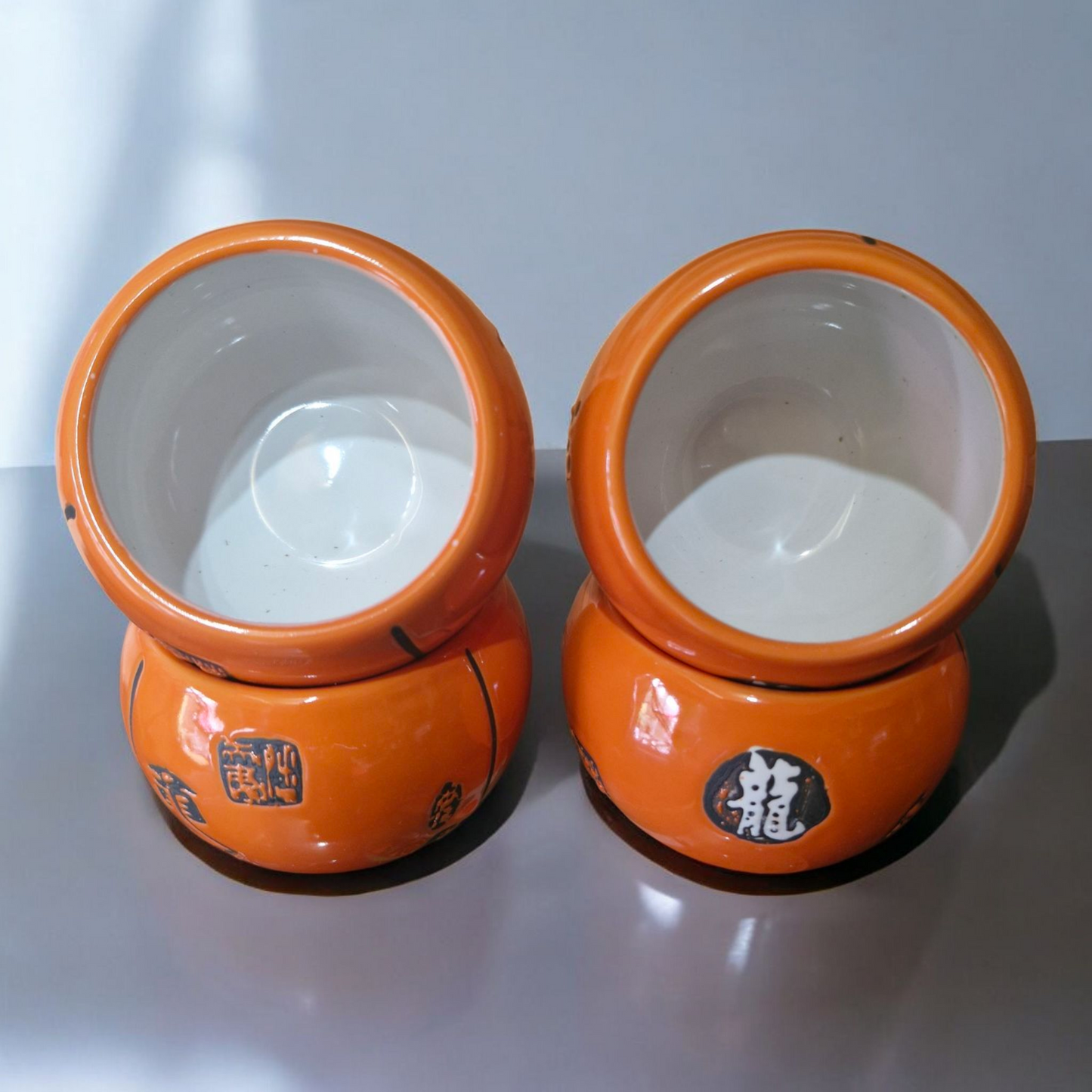 Chinese Tea Set - Gloss Orange Ceramic - Round - Characters Pattern