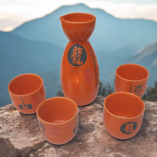 Sake Set with Orange Chinese Motif Pattern - Ceramic Flask and Cups - Boxed
