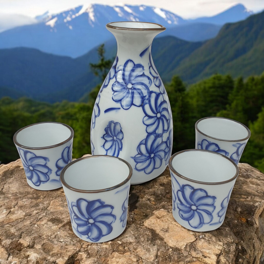 Sake Set with Blue Floral Pattern - Ceramic Flask and Cups - Boxed
