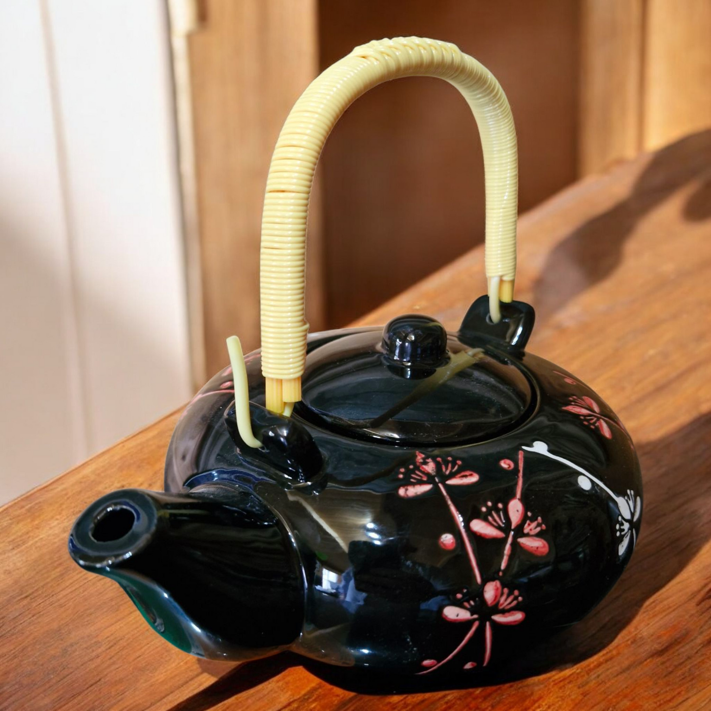 Chinese Tea Set - Black Ceramic - Blossom Sprig Pattern - 600ml