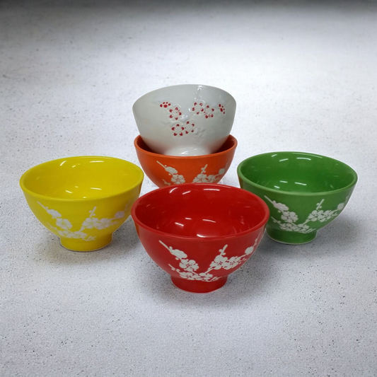 Chinese Rice Bowls - Multicolour - White Blossom Textured Pattern - Set of 5