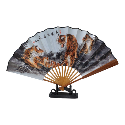 Chinese Fan - Fabric and Bamboo - Painted Tigers - Etched Frame - 32cm