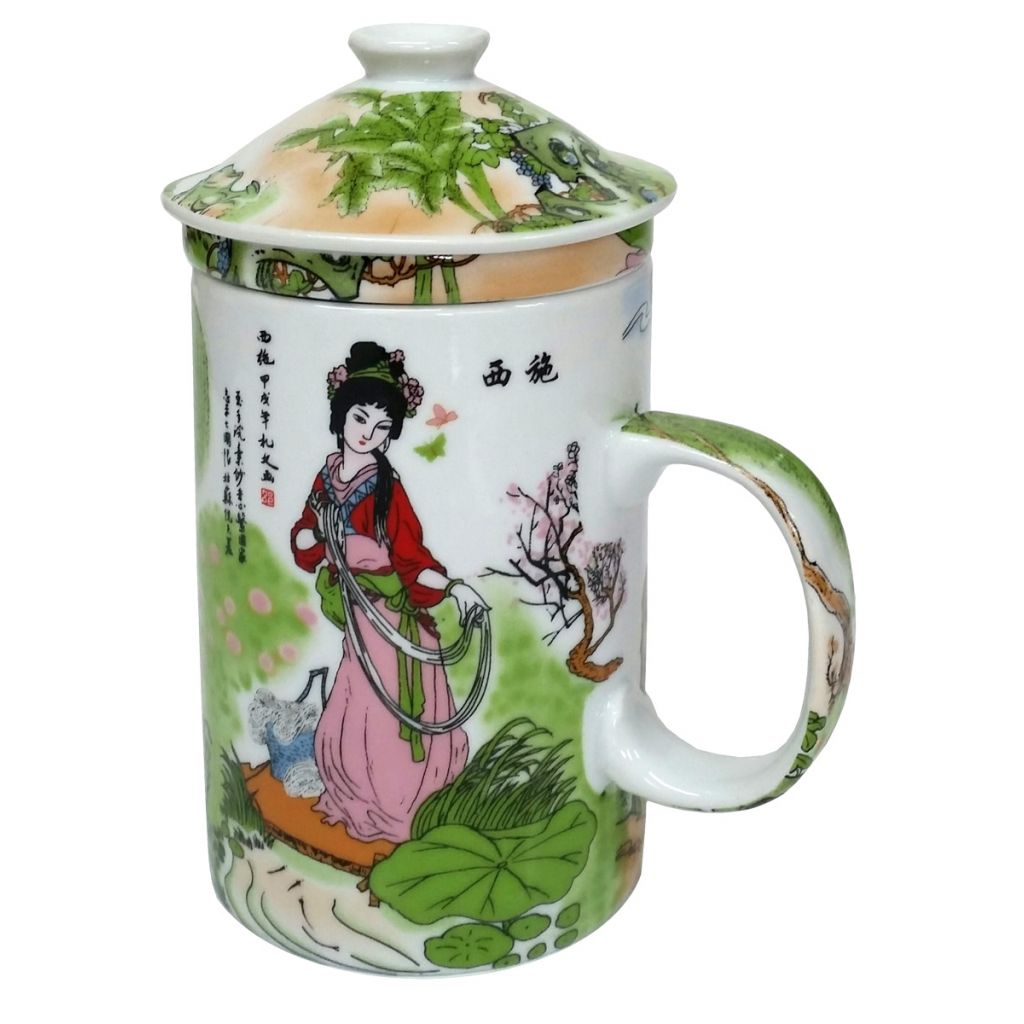 Porcelain Chinese Tea Mug with Infuser and Lid - Two Ladies Pattern