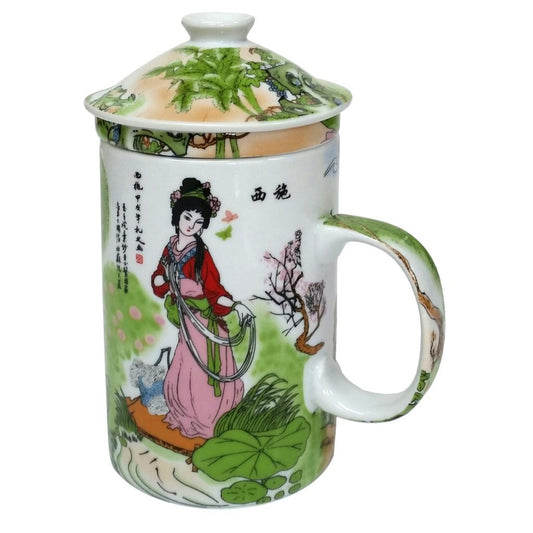 Porcelain Chinese Tea Mug with Infuser and Lid - Two Ladies Pattern