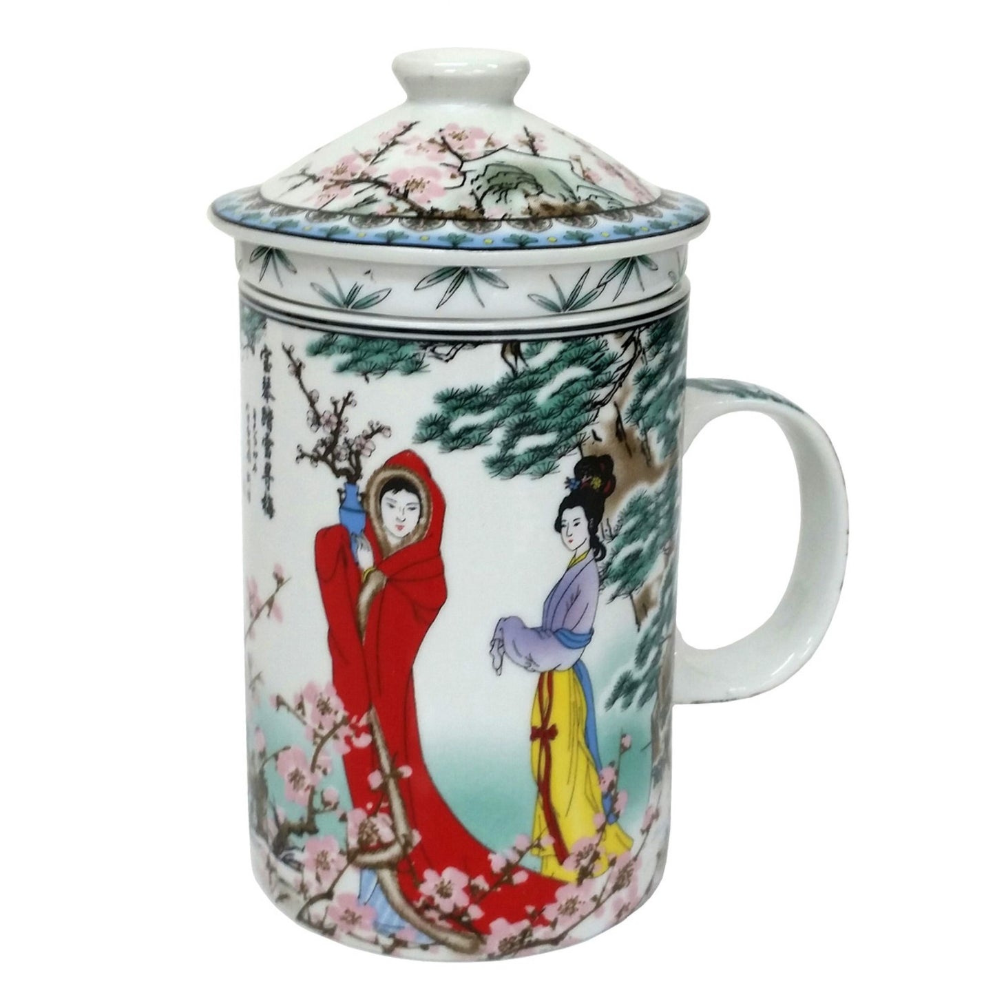 Porcelain Chinese Tea Mug with Infuser and Lid - Bao Qin Pattern
