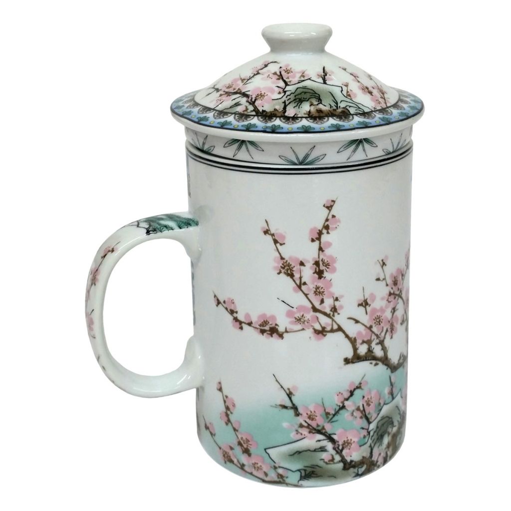 Porcelain Chinese Tea Mug with Infuser and Lid - Bao Qin Pattern